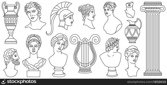 Antique ancient greece heads, sculptures, architectural. Greek marble statues, vases, goddess bust vector illustration set. Mythical antique greek sculptures. Set of head antique greece, statue. Antique ancient greece heads, sculptures, architectural elements. Greek marble statues, vases, goddess bust vector illustration set. Mythical antique greek sculptures