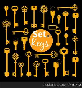 Antique and modern gold keys set in flat style vector illustration. Antique and modern gold keys set