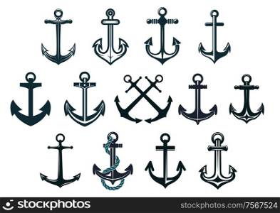 Antique and vintage marine anchors set isolated on white for marine and heraldry design