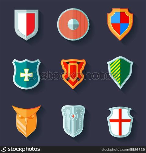 Antique army shields crest medieval heraldry flat icons set isolated vector illustration