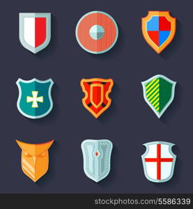 Antique army shields crest medieval heraldry flat icons set isolated vector illustration