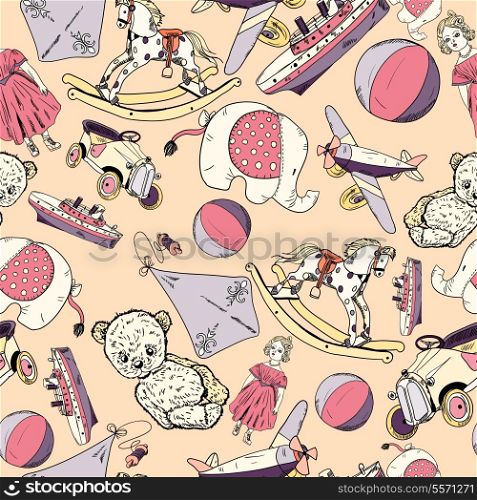 Antique baby toys sketch seamless pattern of teddy bear car doll kite vector illustration.