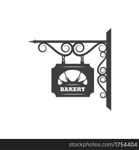 Antique bakery metal signage with fresh croissant dessert isolated forged billboard. Vector bread signboard with metal chain and forged ornaments, pastry food store. Baked food retro sign board. Retro bakery shop signboard with croissant pastry