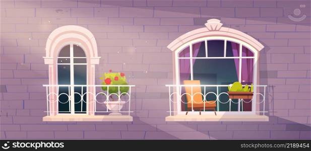Antique building facade with arched windows, balcony with forged forged railing, chair and green plants. Medieval castle or vintage house exterior of grey stone wall, Cartoon vector illustration. Antique building facade with arch windows, balcony