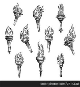 Antique burning torches with curly fire flames in vintage sketch engraving style. Addition to sport, history, religion theme. Burning torches in vintage sketch style