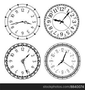Antique clocks with arabic numerals. Classic and vintage round designs with numbers and hands isolated vector set. Watchfaces showing time minutes and seconds. Interior objects hanging on wall. Antique clocks with arabic numerals. Classic and vintage round designs with numbers and hands isolated vector set
