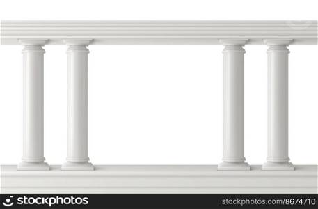 Antique columns, stone pillars frame balustrade isolated. Ancient figured elements connected at top with railing or horizontal beam. Roman or greece architecture. Realistic 3d vector illustration.. Antique columns set, figured pillars balustrade
