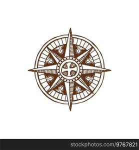 Antique compass maritime navigation equipment, retro windrose isolated vintage medieval map. Vector marine guide orientation instrument with dial and arrows, pointing on north and south, east or west. Marine antique medieval map compass windrose sign