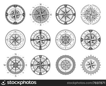 Antique compass with wind rose arrows. Vintage compass with star, cardinal directions and meridian scale. Monochrome vector marine navigation, exploration and age of geographical discover symbol. Old compass, wind rose arrows navigation