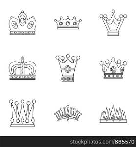Antique crown icon set. Outline set of 9 antique crown vector icons for web isolated on white background. Antique crown icon set, outline style