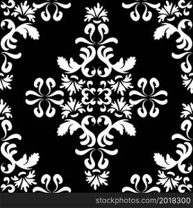 Antique Damascus pattern on a black background. Seamless wallpaper with arabesques in oriental style. Black and white. Vector.. Antique Damascus pattern on a black background.