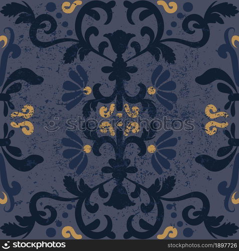 Antique floral background. Seamless vintage shabby pattern. Blue, yellow color. Oriental ornament with grunge and scuffed. For the design of wall, menus, wedding invitations.