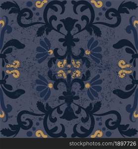 Antique floral background. Seamless vintage shabby pattern. Blue, yellow color. Oriental ornament with grunge and scuffed. For the design of wall, menus, wedding invitations.