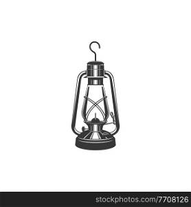 Antique glass kerosene lantern with metal handle isolated monochrome icon. Vector old miners lantern, retro oil l&. Retro paraffin l&. Miners object with burning flame in black and white. Mining oil l&isolated monochrome lantern icon