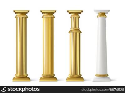 Antique gold pillars set. Ancient columns with golden decorative texture isolated on white background. Roman or greece facade decoration, luxury architecture elements, Realistic 3d vector illustration. Antique gold pillars set. Ancient golden columns
