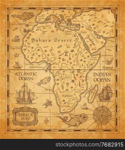 Antique map of Africa on old parchment. Vector African continent with islands, sea and oceans, mountains, deserts and rivers, vintage sail ship, boat, nautical compass rose and ancient monster fish. Antique map of Africa on old parchment