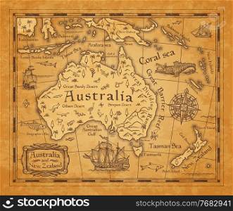 Antique map of Australia continent and New Zealand islands. Vector old parchment with islands map, mountain ranges and deserts, sea and ocean with vintage sail ship, caravel and nautical compass rose. Antique map of Australia and New Zealand islands