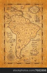 Antique map of South America, vector old parchment with continent, islands and mountains, vintage sea ships, nautical compass rose and ancient ocean monsters. Adventure, cartography and marine journey. Antique map of South America on old parchment
