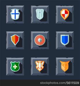 Antique military shields crest medieval heraldry flat icons set isolated vector illustration