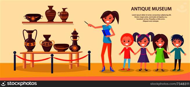 Antique museum excursion with school kids that hold hands and guide with note book and pointer. Ancient vases exhibition vector illustration. Antique Museum Excursion with School Children