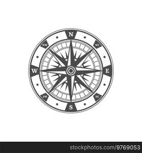 Antique navigation compass, marine navigation symbol. Sailor compass pictogram, nautical journey direction vector icon. Treasure hunt vintage symbol or medieval map rose wind sign. Antique navigation compass, marine travel symbol