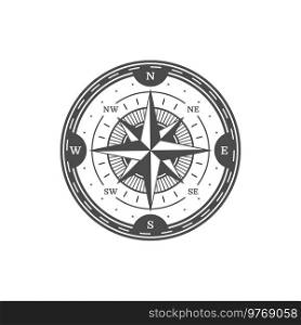 Antique navigation compass, marine navigation symbol. Windrose star icon, exploration era sailor compass vintage vector symbol. Adventure medieval sign or antique map travel direction emblem. Antique navigation compass, marine journey symbol