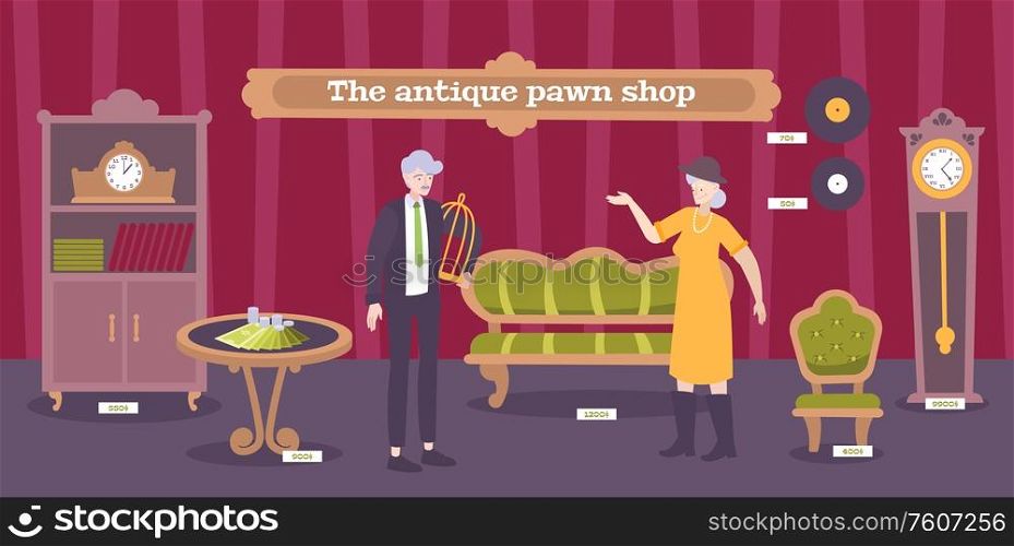 Antique pawnshop customers looking for furniture vinyl records clock valuable collectible interior objects flat banner vector illustration