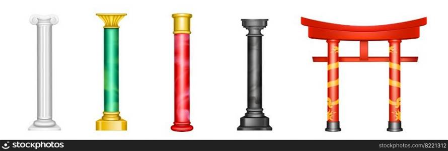 Antique pillars, ancient columns with golden decoration and red, green, white or black colored texture. Roman, chinese or arabic decor, luxury architecture elements, Realistic 3d vector isolated set. Antique pillars, ancient columns with golden decor