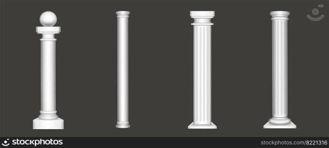 Antique pillars isolated on white background. Ancient classic stone columns of roman or greece architecture with twisted and groove ornament for interior facade design, Realistic 3d vector mockup, set. Antique columns set isolated on white background