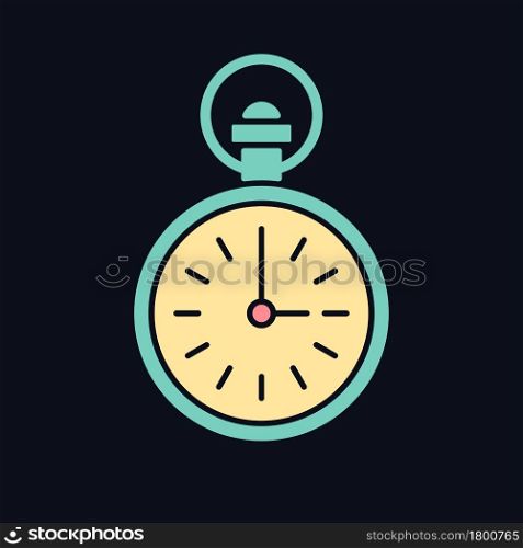 Antique pocket watch RGB color icon for dark theme. Vintage accessory. Victorian open-face watch. Isolated vector illustration on night mode background. Simple filled line drawing on black. Antique pocket watch RGB color icon for dark theme