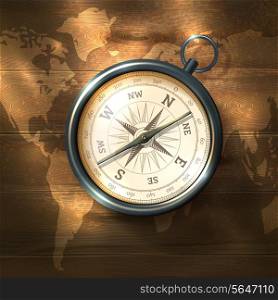 Antique retro style black compass on world map wooden background vector illustration