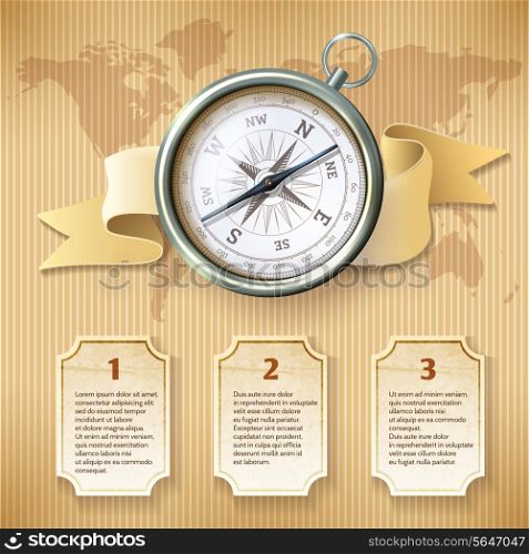 Antique retro style silver metal compass on world map background travel infographics vector illustration