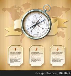 Antique retro style silver metal compass on world map background travel infographics vector illustration