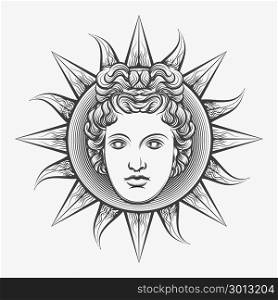Antique roman apollo sun face. Apollo sun. Antique roman apollo sun face god engraving vector illustration or etching isolated on white background