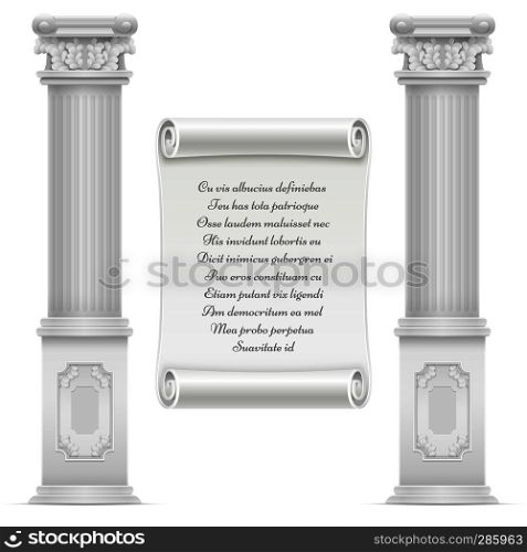 Antique roman architecture design with marble stone colomns and text on wall parchment stone, vector engraved text on marble illustration. Antique roman architecture design with marble stone colomns and text on wall