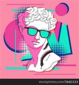 Antique sculpture. Traditional greek bust with trendy abstract elements, marble statue portrait in sunglasses and tattoos. Woman head modern graphics on abstract background vector isolated concept. Antique sculpture. Traditional greek bust with trendy abstract elements, marble statue portrait in sunglasses and tattoos. Woman head modern graphics on abstract background vector concept