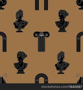 Antique sculptures of woman and man, columns, arches. Modern seamless pattern. Can be used for branding, packaging, textiles.