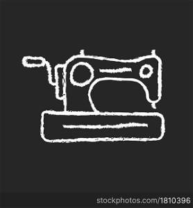 Antique sewing machine chalk white icon on dark background. Older device for stitching material. Collectible equipment with hand crank and treadle. Isolated vector chalkboard illustration on black. Antique sewing machine chalk white icon on dark background