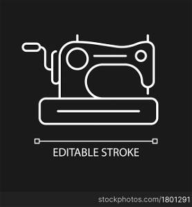 Antique sewing machine white linear icon for dark theme. Collectible equipment with hand crank. Thin line customizable illustration. Isolated vector contour symbol for night mode. Editable stroke. Antique sewing machine white linear icon for dark theme