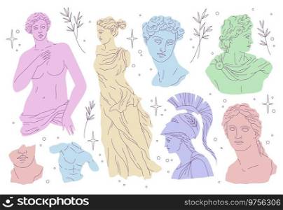 Antique statues. Modern draw style, beautiful historical greek sculptures, ancient art objects, heads, busts, marble monuments collection. Different pastel colors. Decor elements vector isolated set. Antique statues. Modern draw style, beautiful historical greek sculptures, ancient art objects, heads, busts, marble monuments, different pastel colors. Decor elements vector isolated set