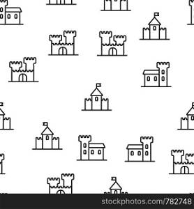 Antique Stone Castle Fort Seamless Pattern Vector. Collection Of Aged Castle Main House Of Kingdom Monochrome Texture Icons. Sand Architecture Construction Model Template Flat Illustration. Antique Stone Castle Fort Seamless Pattern Vector