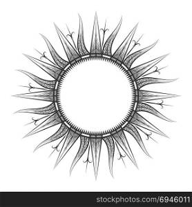 Antique sun tarot, astrological symbol sketch. Antique sun sketch. Sun tarot and astrological symbol, engraved vector illustration