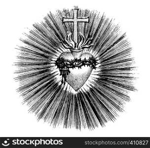 Antique vector drawing or engraving of classic grunge vintage decorative illustration of Christian heart with cross, flames and crown of thorns.From book Die Betrubte Und noch ihrem Beliebten Geussende Turteltaube, printed in Prague, Austrian Empire, 1716.. Vintage Vector Drawing or Engraving of Grunge Antique Illustration of Christian Heart with Cross, Flames and Crown of Thorns