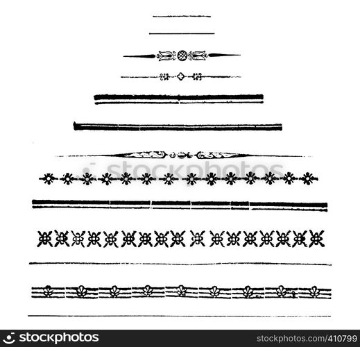 Antique vector drawing or engraving of classic vintage decorative designs, horizontal dividing lines. From books Krizowe Tazeni Deti printed in Austrian Empire 1845 and Romische Historie printed in Kingdom of Prussia 1762.. Vintage Vector Set of Drawings or Engravings of Antique Decorative Design Elements, Horizontal Dividing Lines