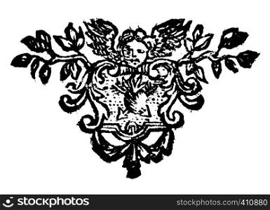 Antique vector drawing or engraving of classic vintage floral decorative design of angel holding ornate sign with symbol of heart and arrows. From Romische Historie, printed in Breslau 1762.. Vintage Vector Drawing or Engraving of Antique Floral Decoration Design of Angel Holding Sign with Heart