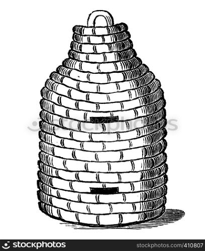 Antique vector drawing or engraving of vintage classic Straw beehive or bee hive or skep. Illustration from book Illustrierter Neuester Bienenfreund, printed in Leipzig, Germany 1852.. Vintage Vector Drawing or Engraving of Antique Old Style Bee Hive or Beehive Made From Straw
