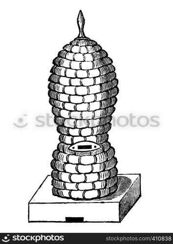 Antique vector drawing or engraving of vintage classic Straw beehive or bee hive or skep. Illustration from book Illustrierter Neuester Bienenfreund, printed in Leipzig, Germany 1852.. Vintage Vector Drawing or Engraving of Antique Old Style Bee Hive or Beehive Made From Straw