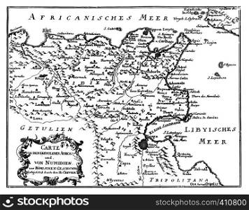 Antique vector drawing or engraving of vintage decorative map or Northern Africa from Roman Empire times. From book Romishe Historie, part 14, printed in Breslau, Kingdom of Prussia, 1762.. Vintage Vector Drawing or Engraving of Antique Map of Northern Africa from Roman Empire Times