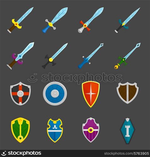 Antique weapon color icons set with heraldic battle shields and crusader knights swords abstract isolated vector illustration