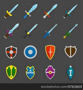 Antique weapon color icons set with heraldic battle shields and crusader knights swords abstract isolated vector illustration